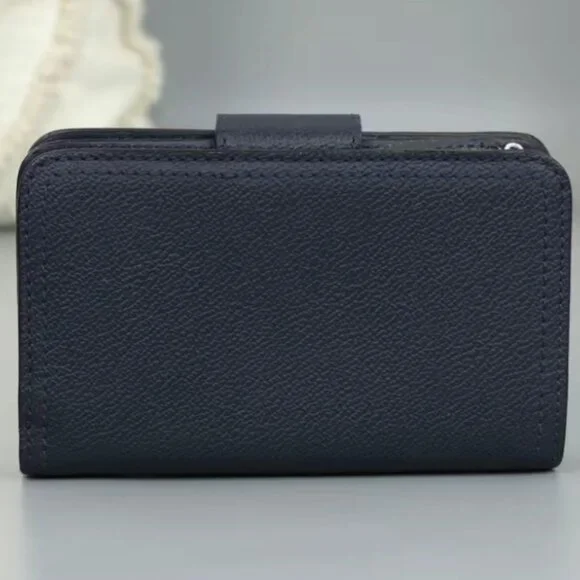 Burberry Navy Blue Leather Buckle Compact Wallet Gold Hardware Auth - Picture 5 of 8